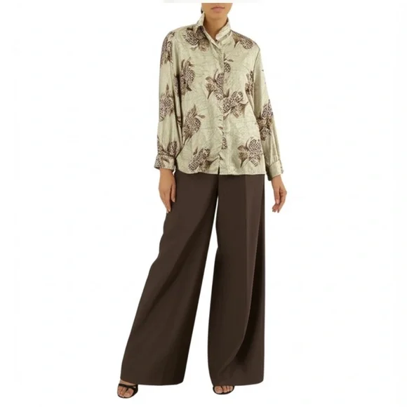 Vintage tan brown floral satin long sleeve top blouse - Picture 2 of 12